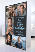 Son's 21st Birthday Mega Card in a living room, photos and a 21st birthday message