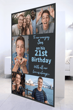 Son's 21st Birthday Mega Card in a living room, photos and a 21st birthday message