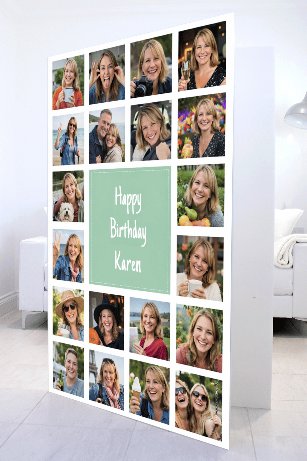 20 Photo Collage Mega Card in a living room, 20 photos around a Happy Birthday message