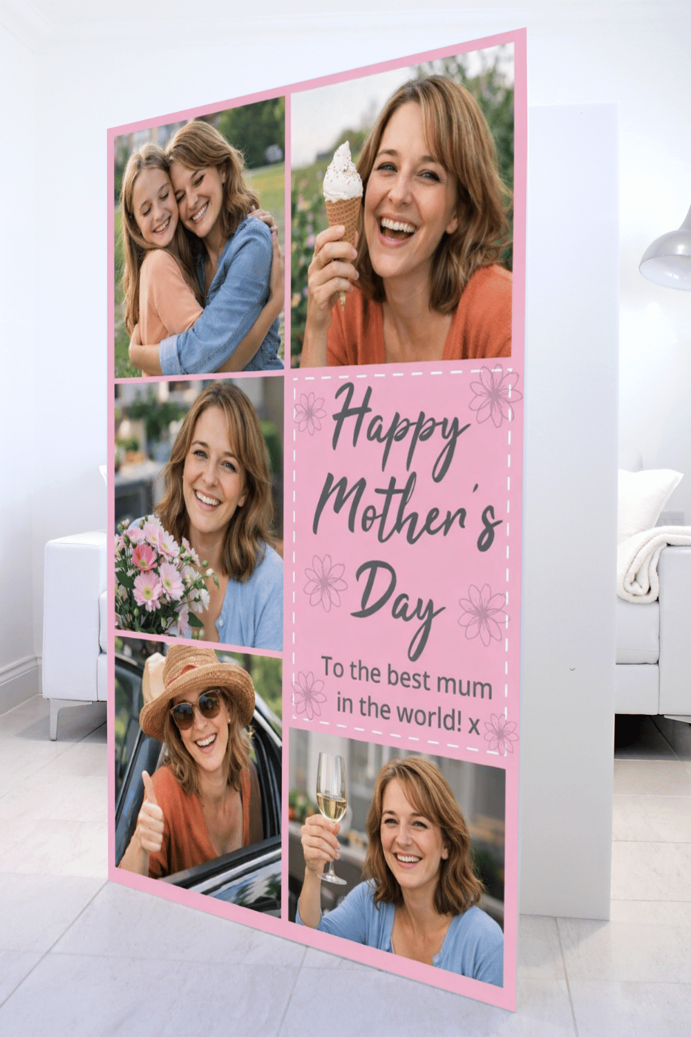 Mother's Day Photo Collage Mega Card in a living room, six photos and Happy Mother's Day