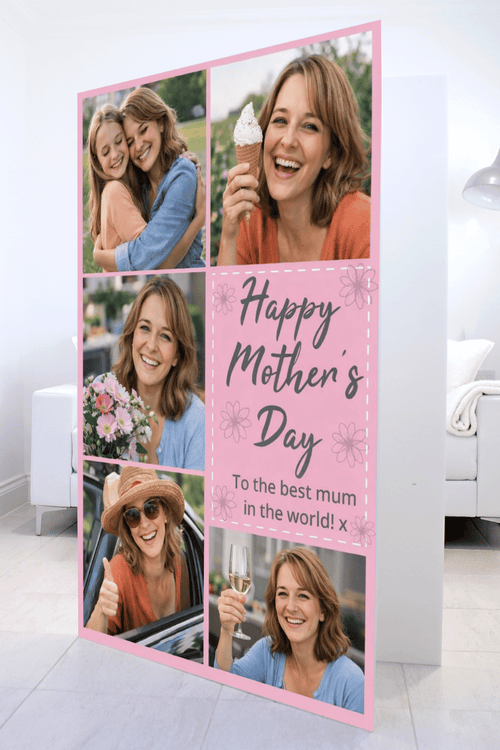 Mother's Day Photo Collage Mega Card in a living room, six photos and Happy Mother's Day