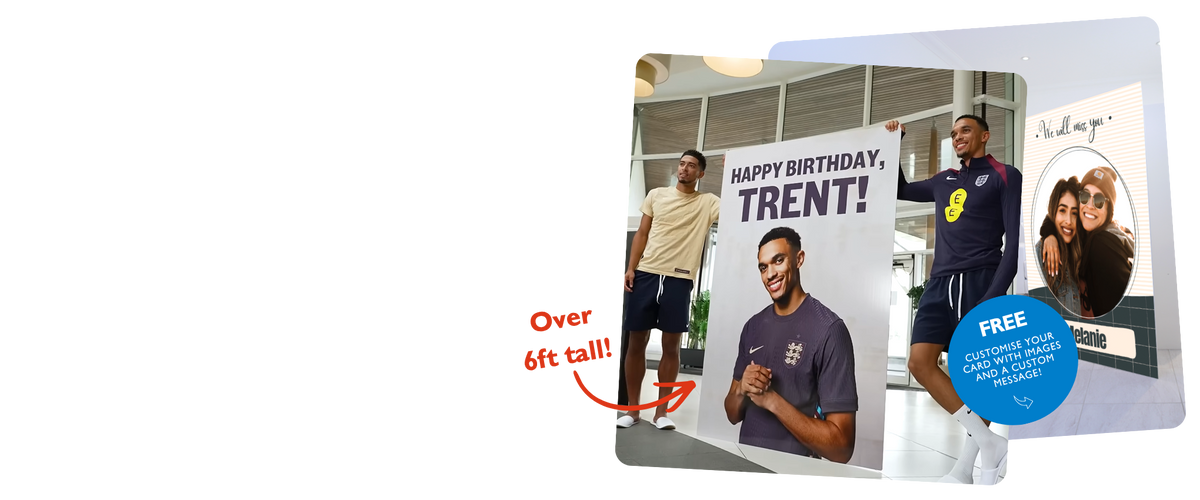 Overlapping product graphics showcasing a life-size 6ft birthday card display. Featuring Jude Bellingham and Trent Alexander-Arnold