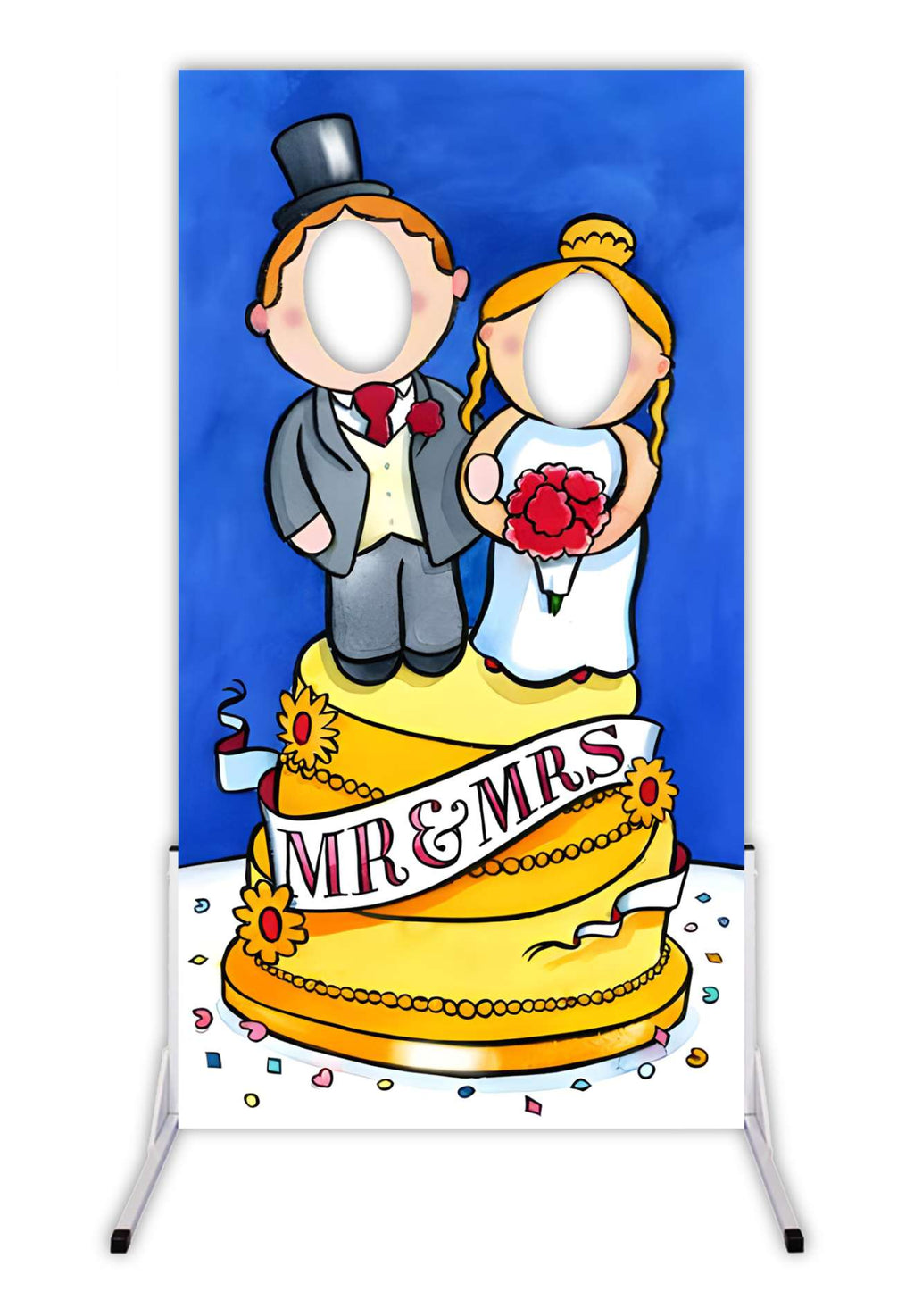 Mr & Mrs face in the hole board, bride and groom on a wedding cake with two empty face holes
