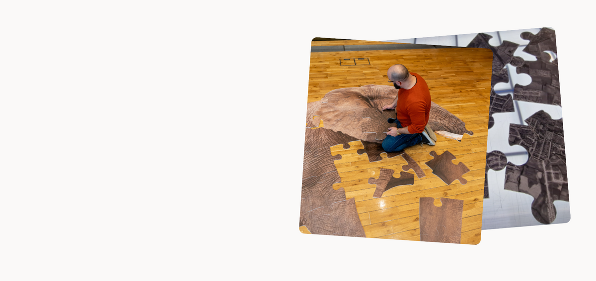Overlapping graphics showing a man assembling a giant floor puzzle alongside a close-up of custom map puzzle pieces.