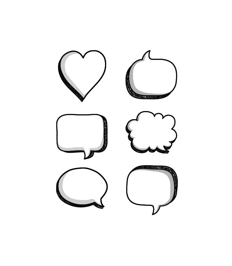 Six blank speech bubble shapes, including a heart and a cloud
