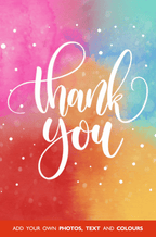 Thank You Mega Card design, white script on a watercolour background