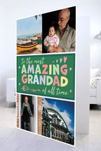 Amazing Grandad Photo Mega Card in a living room, four family photos around the message
