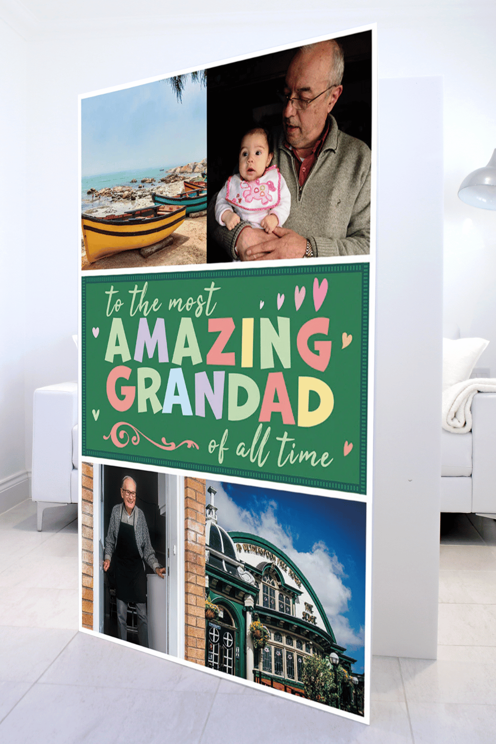 Amazing Grandad Photo Mega Card in a living room, four family photos around the message