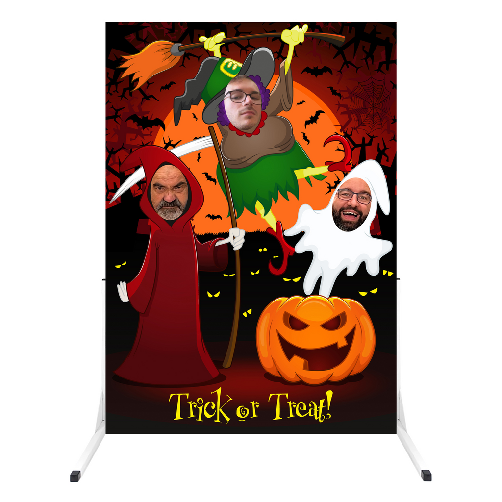 Trick or Treat face in the hole board, front view with faces in the holes