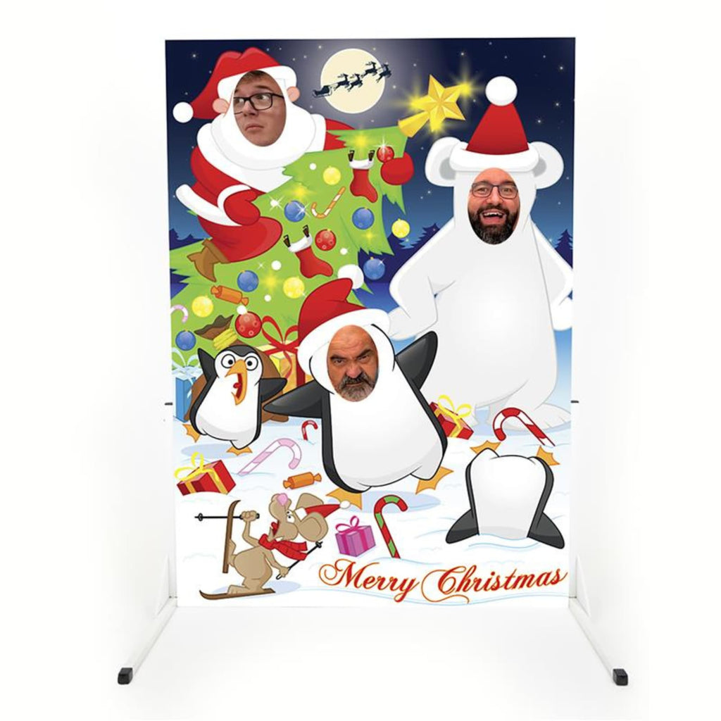 Winter Wonderland face in the hole board, front view with faces in the holes