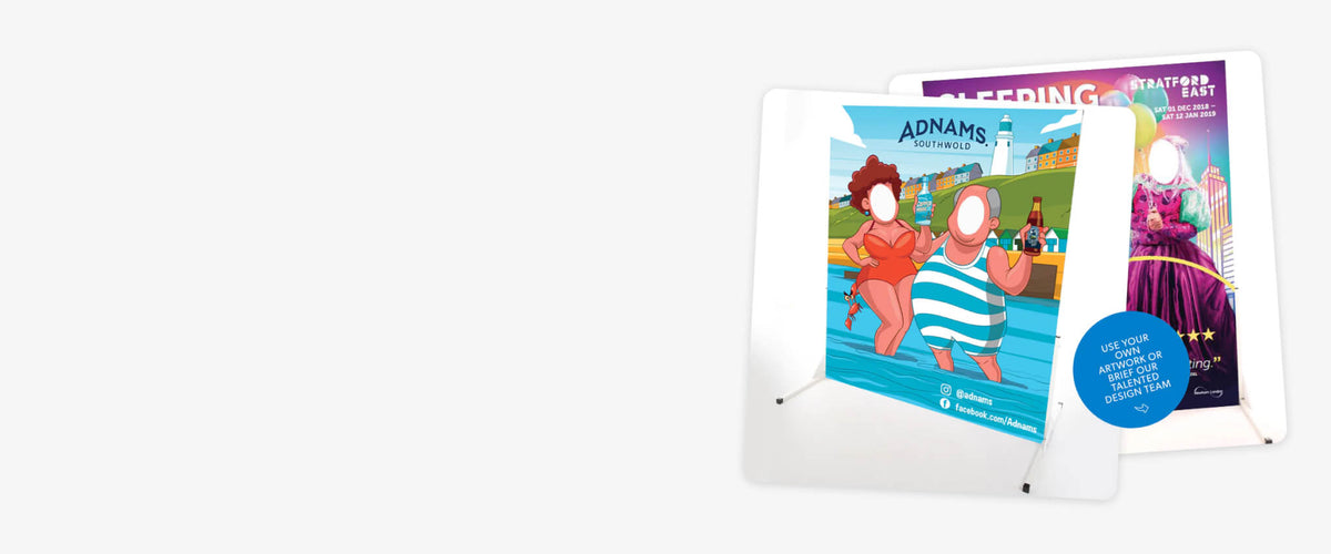 Overlapping graphics of custom photo cutout boards with face holes on a light background.