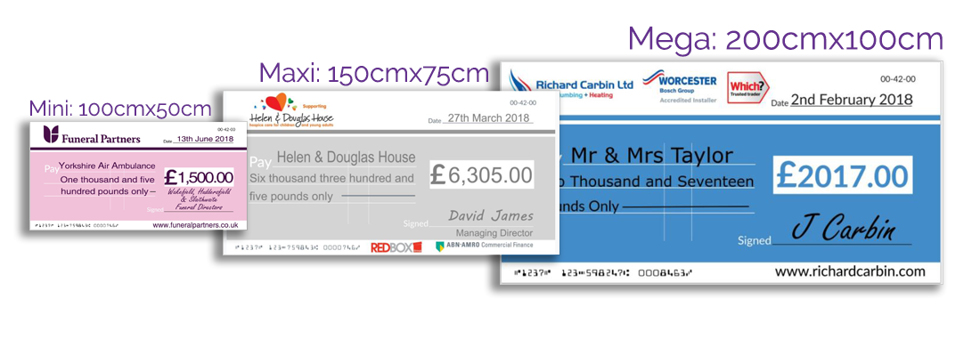 Custom design giant cheques available in 3 sizes