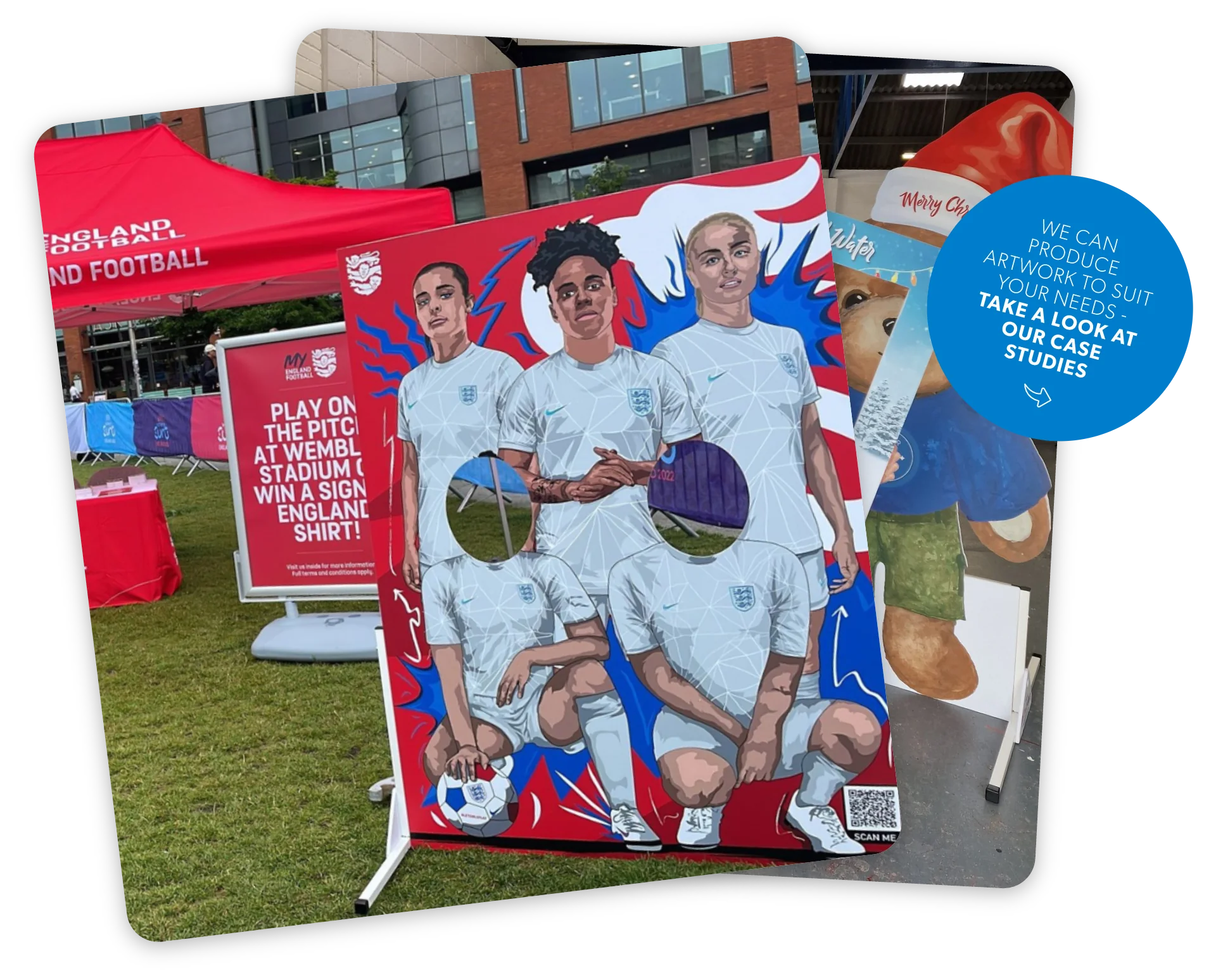 Overlapping promo cards featuring an England football team photo cutout board at an fan zone event.