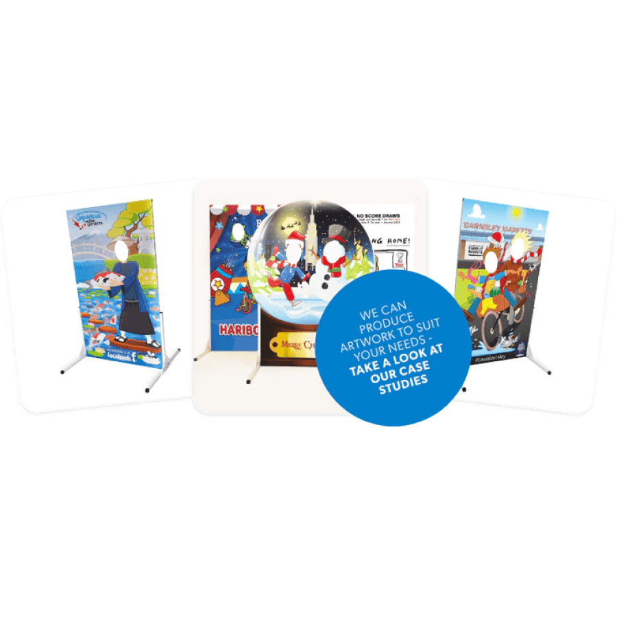 Showcase graphic displaying three themed photo-in-hole cutout boards alongside a blue callout reading "WE CAN PRODUCE ARTWORK TO SUIT YOUR NEEDS – TAKE A LOOK AT OUR CASE STUDIES".