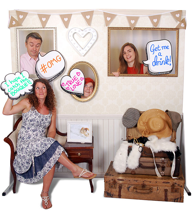 Vintage photo wall with speech bubbles prop