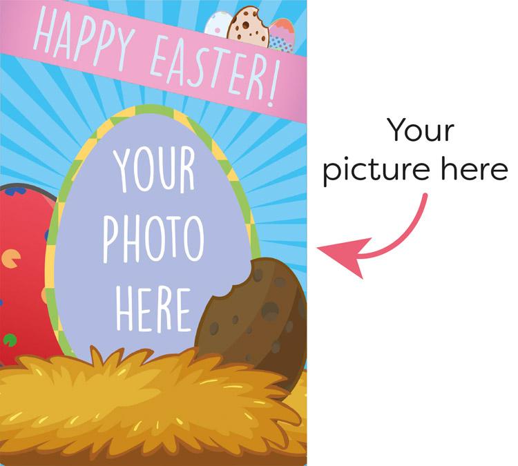 Easter Egg Photo Upload Mega Card front, Happy Easter egg with space for your picture
